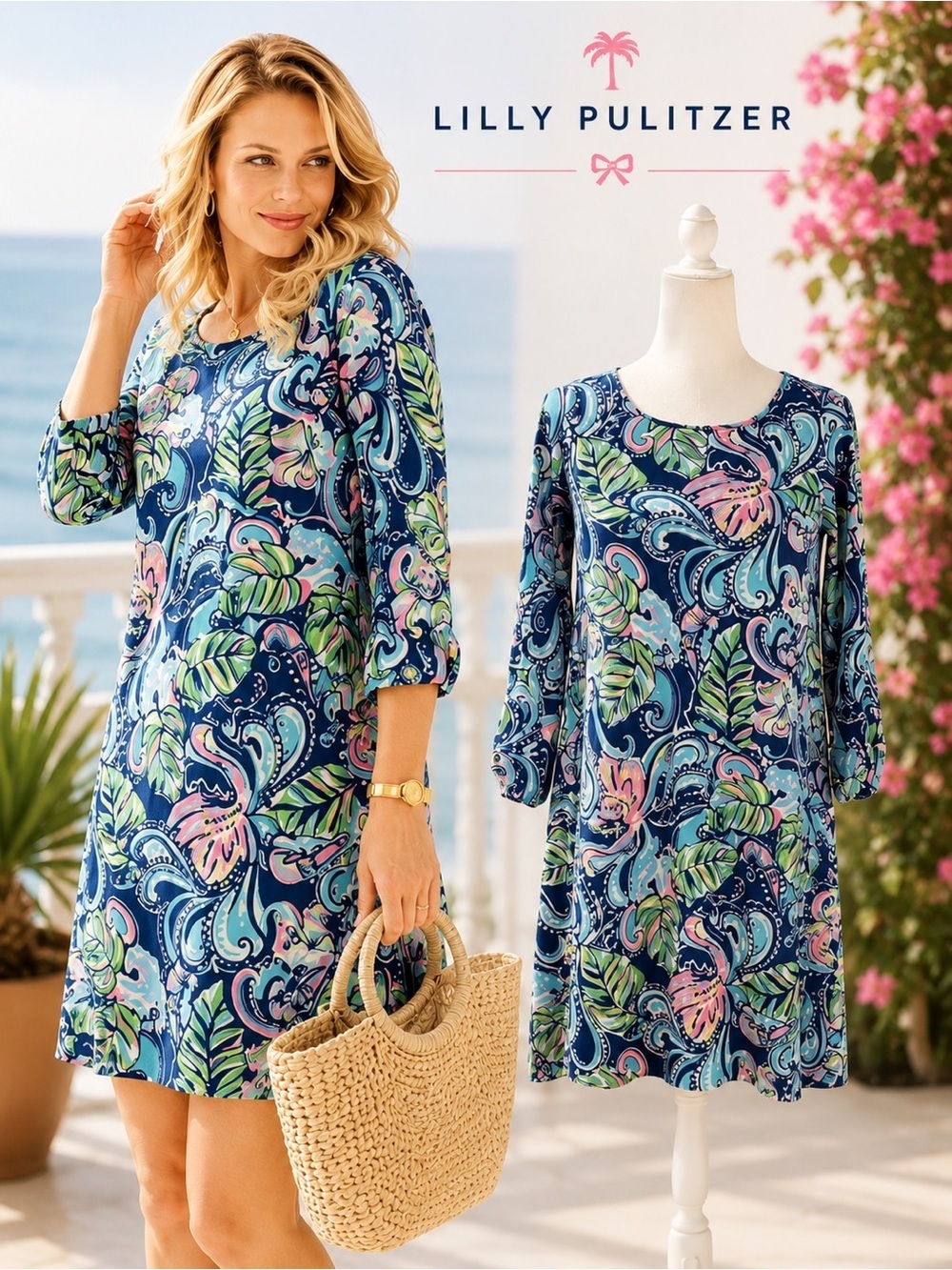 Lilly Pulitzer Edna Swing Shift Dress Small Hanging With Fronds Blue Pink Cotton